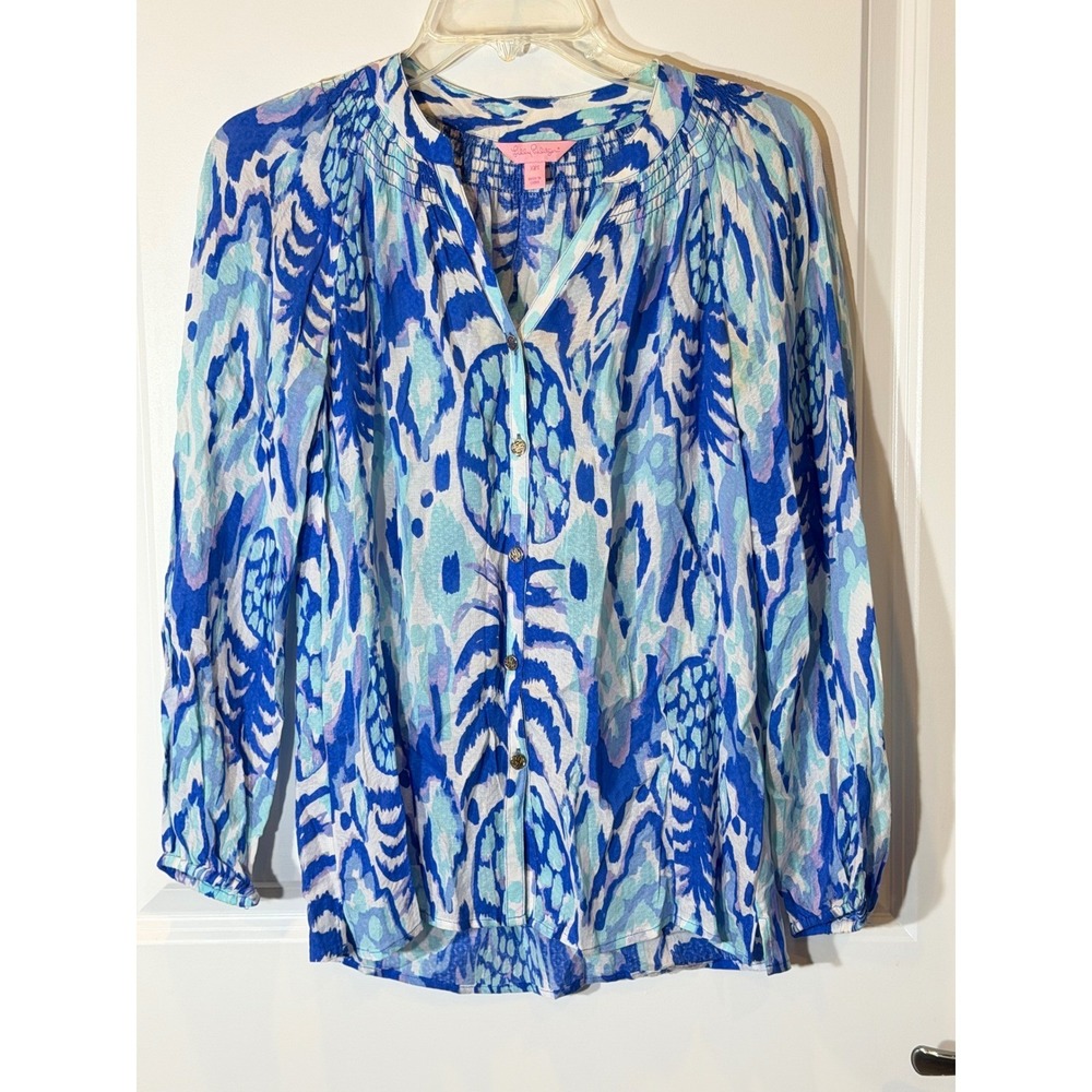 Lilly Pulitzer Elsa Top Blue White Pineapple Ikat Smocked Blouse XXS Rayon